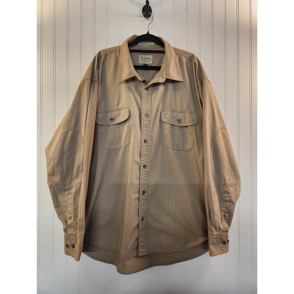 Cabelas Men Beige Utility Canvas Button-Up Shirt Size XL Elbow Patch Big & Tall